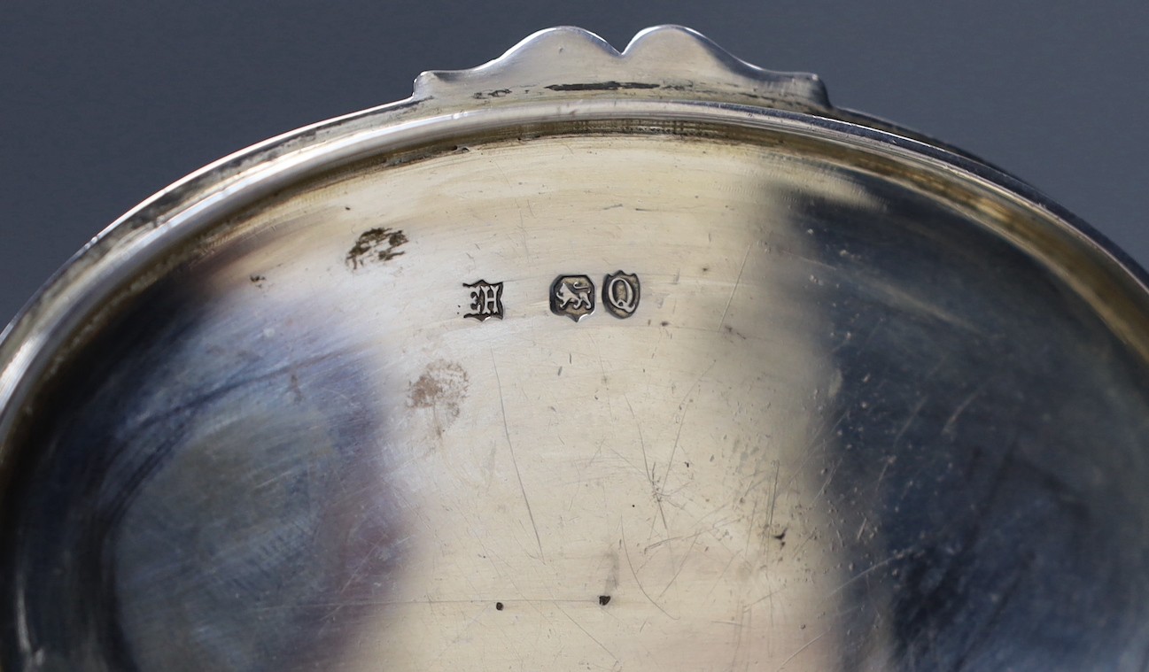 A late Victorian engraved silver oval tea caddy, Edward Hutton, London, 1891, height 74mm, 6.6oz.
